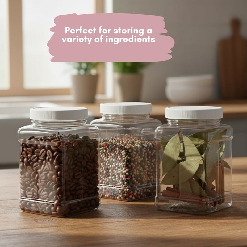 Pride Of India Clear Food Grade PET Plastic Square Grip Storage Jar w/Cap | 48 Fluid Ounces 4-5 Cup Storage Capacity | BPA Free USA Made - Image 4